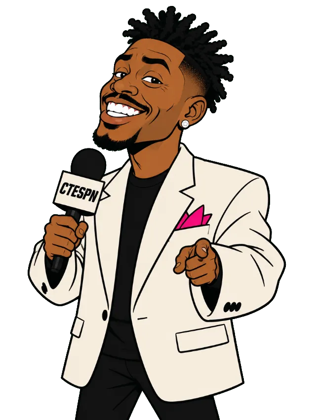 Caricature of Antonio Brown as a CTESPN anchor in a white blazer, holding a CTESPN microphone and pointing at you